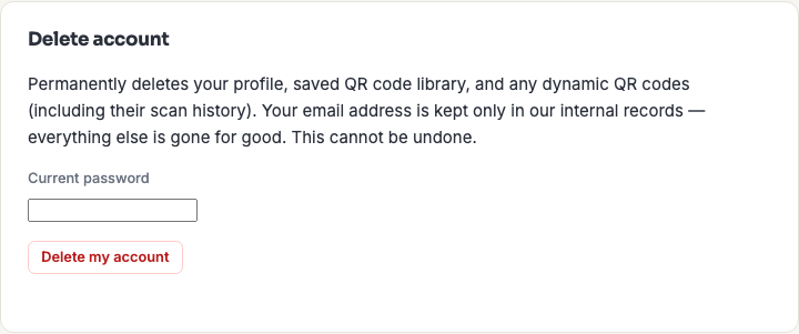 The Delete account panel on the Profile page, requiring current password confirmation.