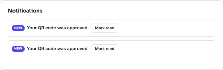 The Business QR Library notifications panel showing a new, unread notification.