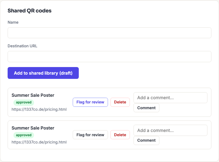 The shared QR library showing an approved QR code with a comment thread and Flag for review/Delete actions.