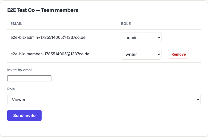 The Business QR Library page's team member roster, with role dropdowns and an invite form.
