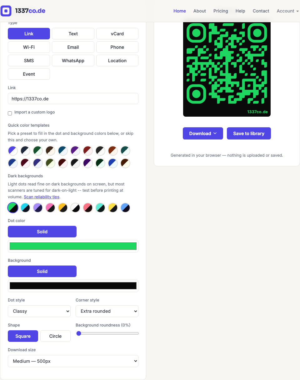 A QR code rendered with the Neon Pulse dark-background template: a light green dot color on a near-black background.