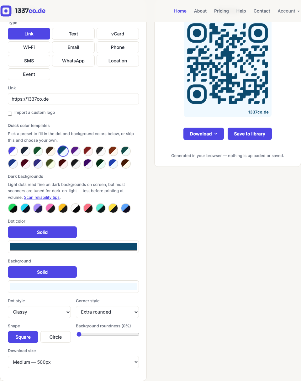 The generator showing a solid color pairing applied to a QR code.