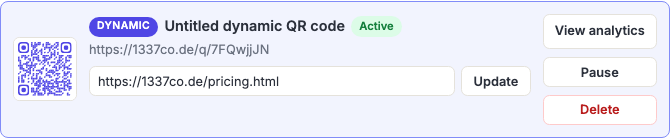 A dynamic QR code entry in the library, showing its short URL and destination editor.