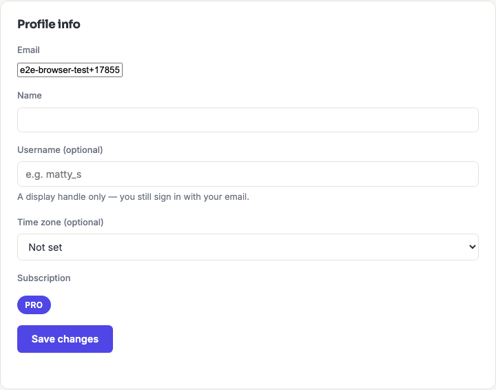 The Profile info form, showing email, name, username, time zone, and subscription tier fields.