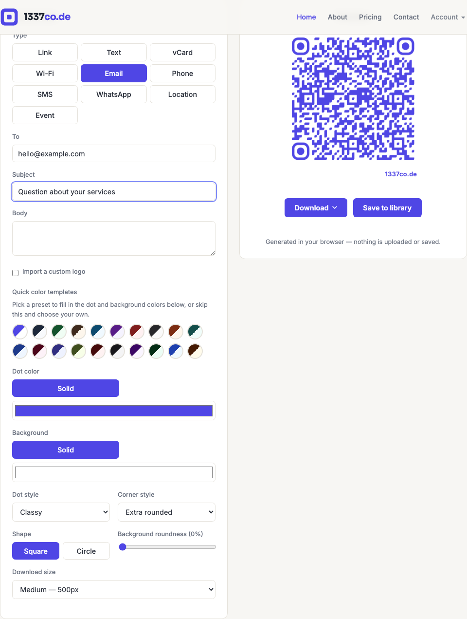 The 1337co.de generator with the Email type selected, showing a recipient and subject entered and the resulting QR code preview.