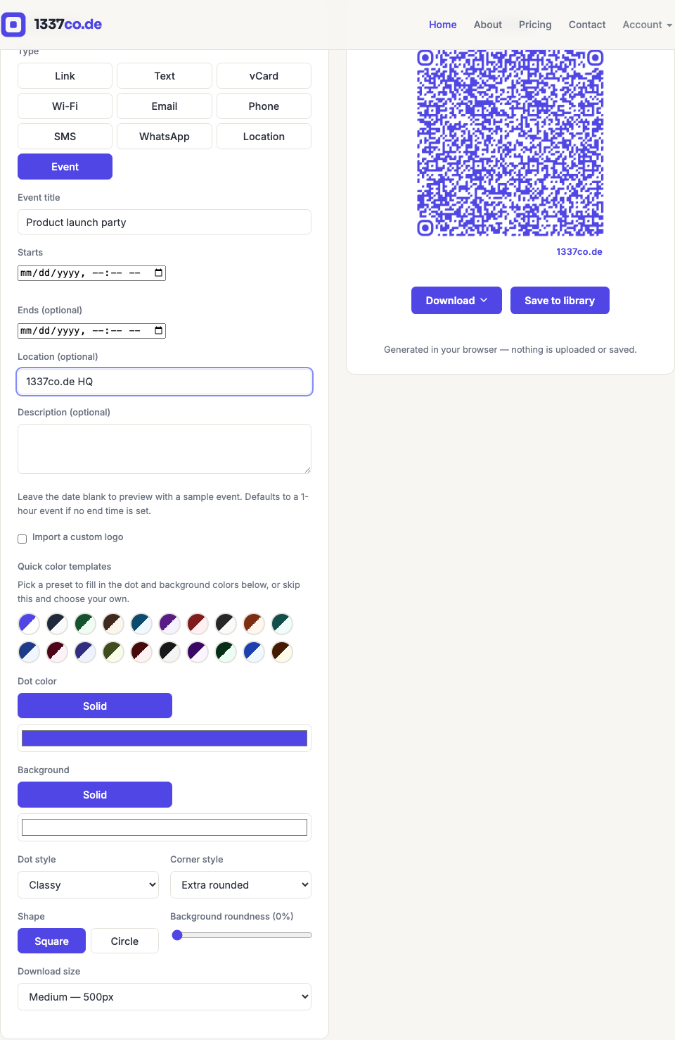 The 1337co.de generator with the Event type selected, showing an event title and location entered and the resulting QR code preview.
