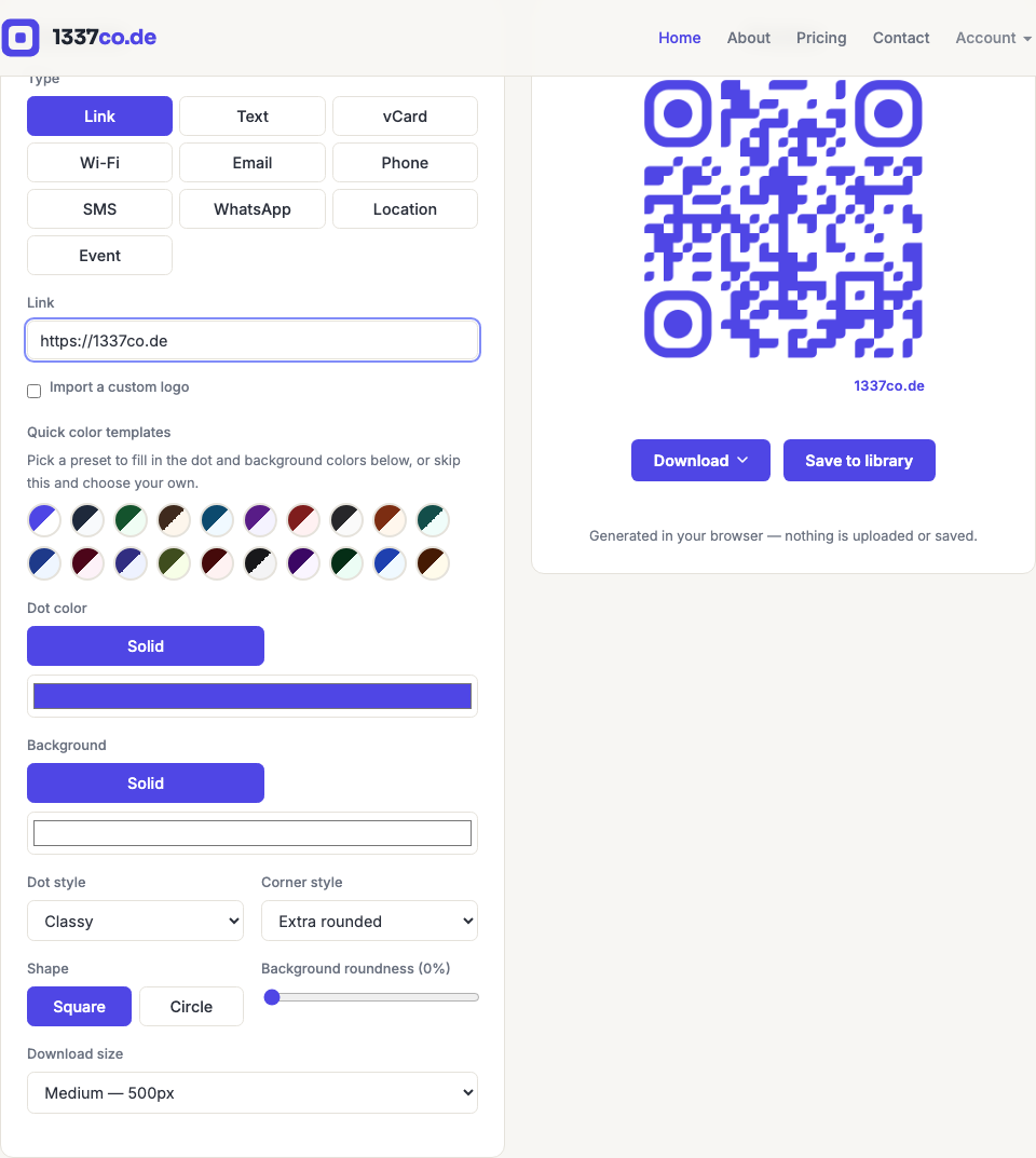 The 1337co.de generator with the Link type selected, showing a URL entered and the resulting QR code preview.