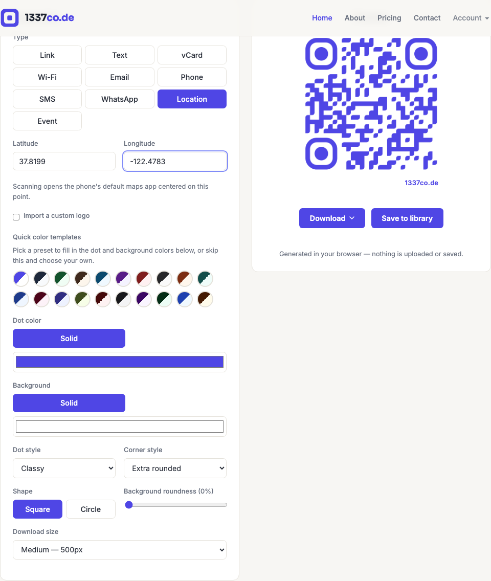 The 1337co.de generator with the Location type selected, showing latitude and longitude entered and the resulting QR code preview.