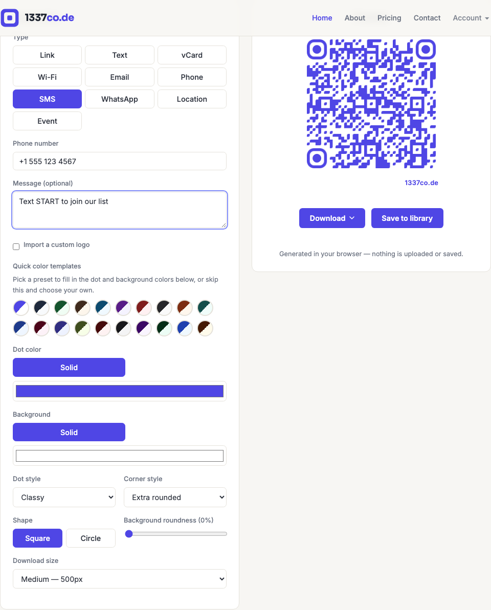 The 1337co.de generator with the SMS type selected, showing a number and message entered and the resulting QR code preview.