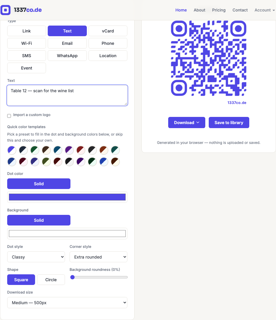 The 1337co.de generator with the Text type selected, showing sample text entered and the resulting QR code preview.