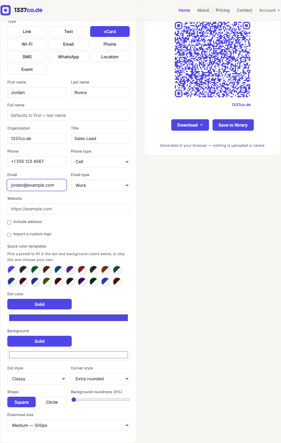 The 1337co.de generator with the vCard type selected, showing contact fields filled in and the resulting QR code preview.