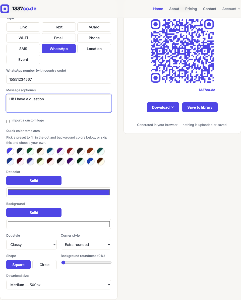 The 1337co.de generator with the WhatsApp type selected, showing a number and message entered and the resulting QR code preview.