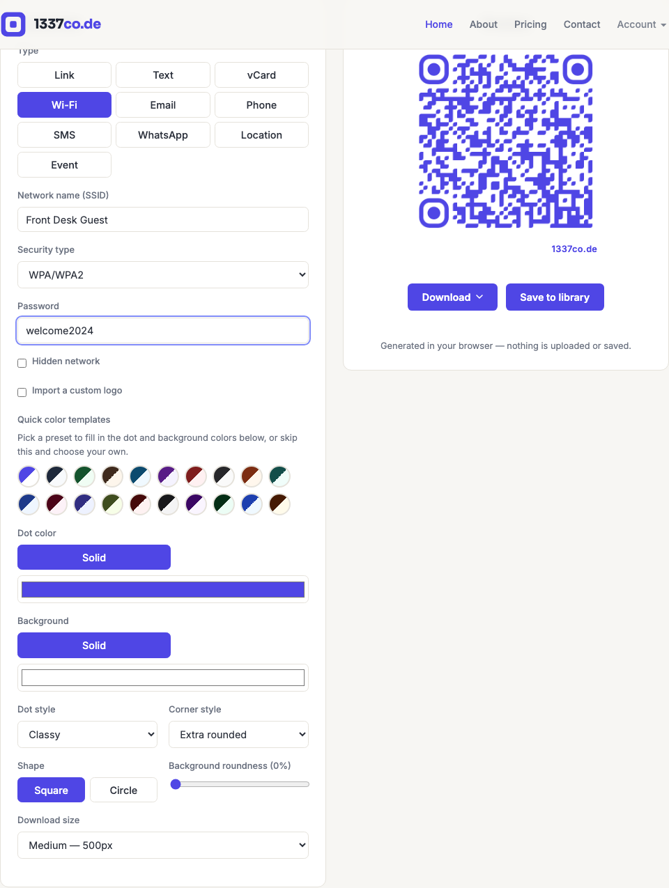 The 1337co.de generator with the Wi-Fi type selected, showing a network name and password entered and the resulting QR code preview.