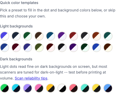 The row of quick color template swatches above the Dot color field, including the light-background templates and the dark-background subgroup below them.