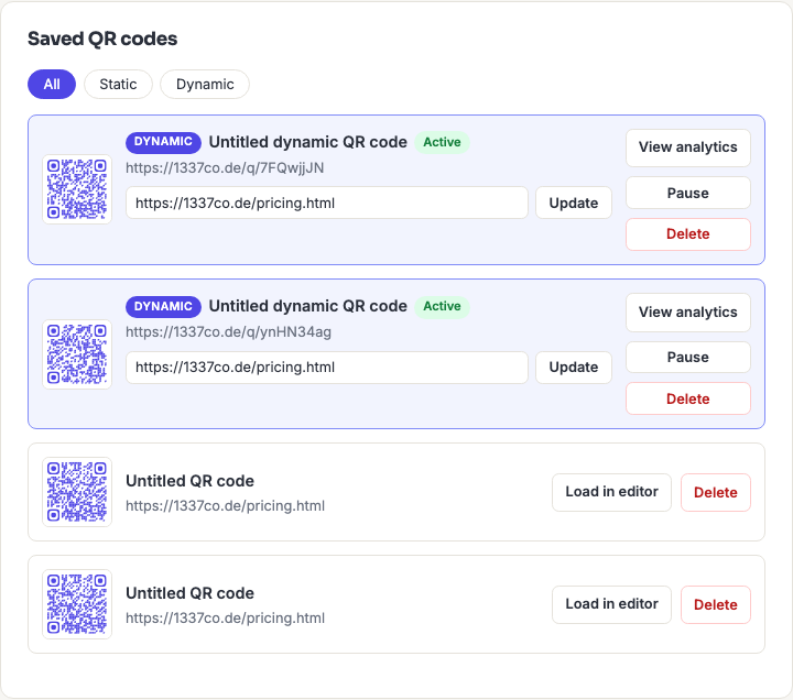 The saved QR code library page showing saved items with thumbnails and action buttons.